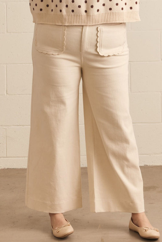 Ecru Plus Size Denim Fall Scallop Pocket Pant ( XL - 2X )
