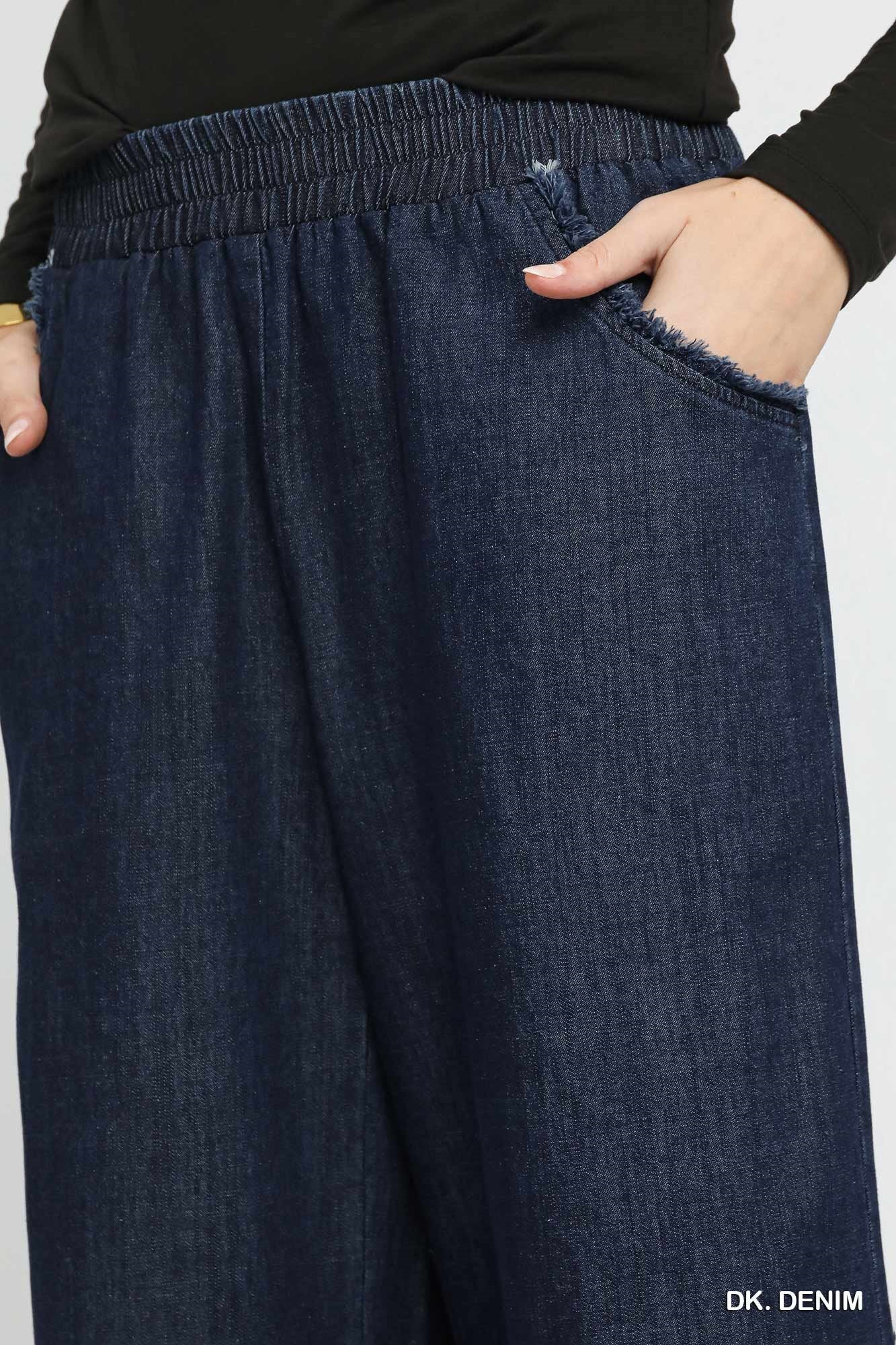 Dark Denim Fringe Hem Wide Leg Cropped Jeans (Reg & Plus: S-2XL)
