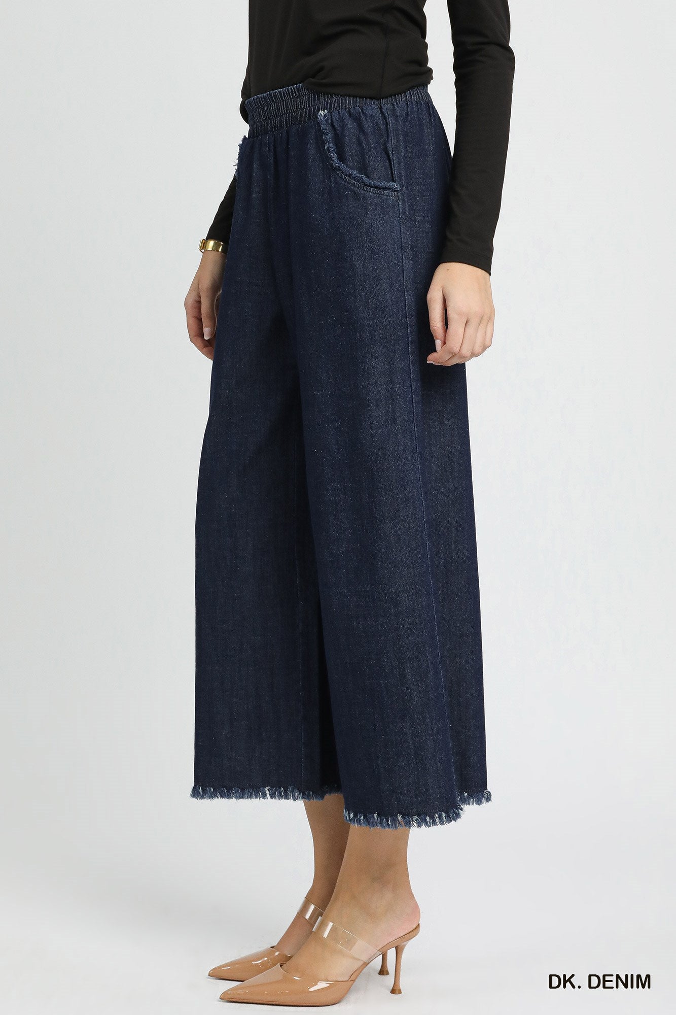 Dark Denim Fringe Hem Wide Leg Cropped Jeans (Reg & Plus: S-2XL)