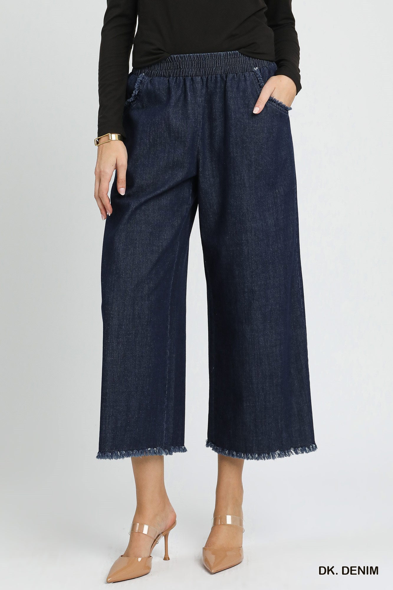 Dark Denim Fringe Hem Wide Leg Cropped Jeans (Reg & Plus: S-2XL)