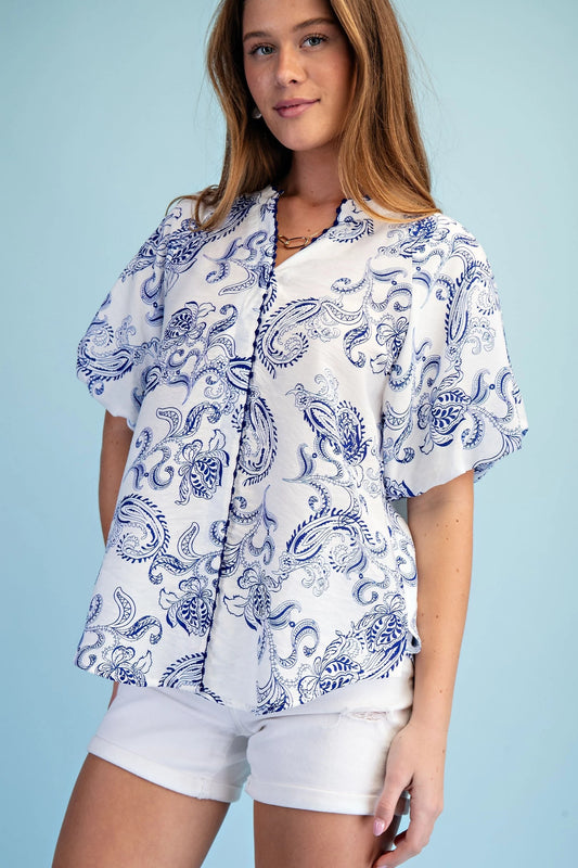 Presley White & Navy Embroidered Blouse