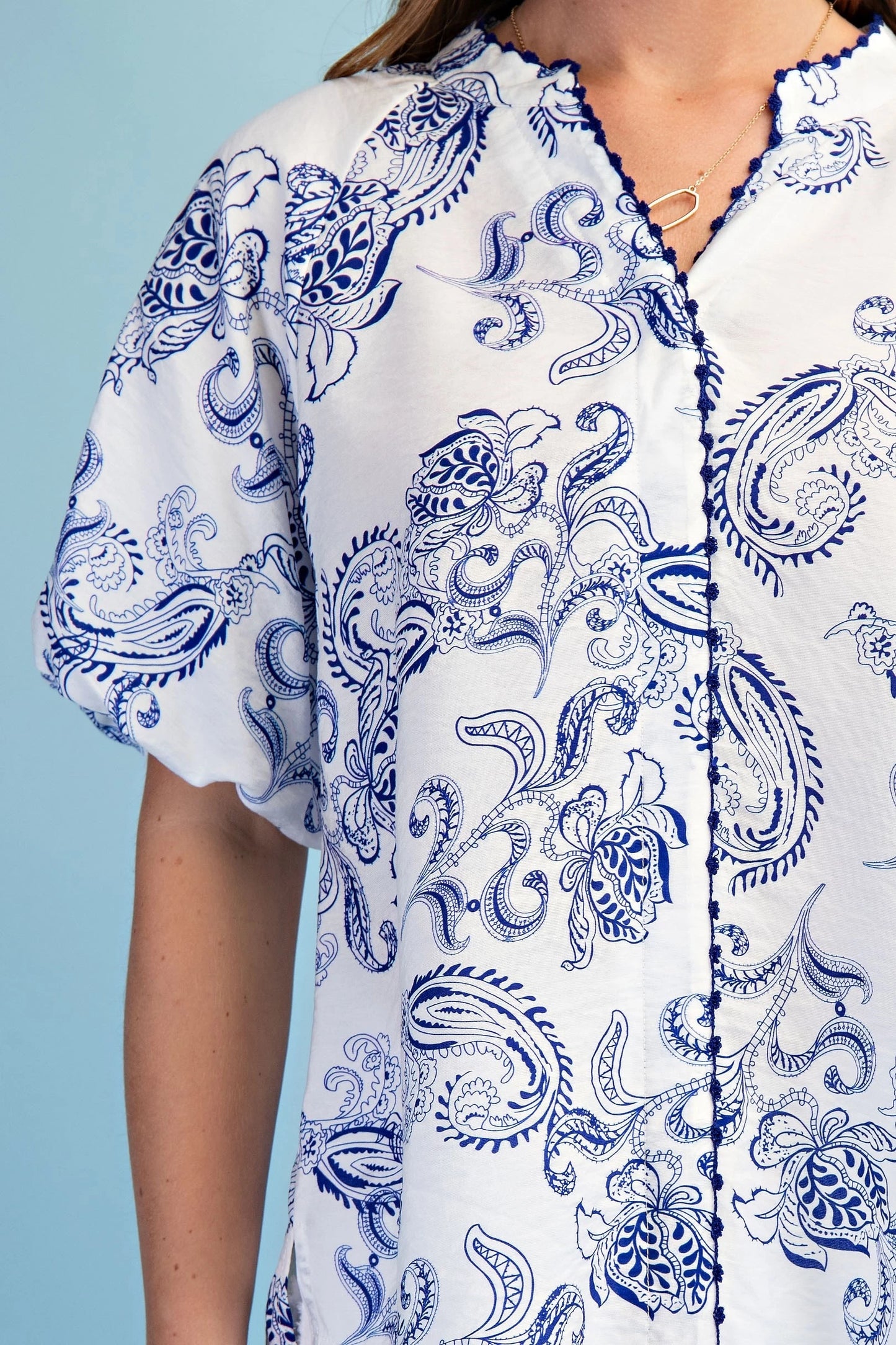 Presley White & Navy Embroidered Blouse