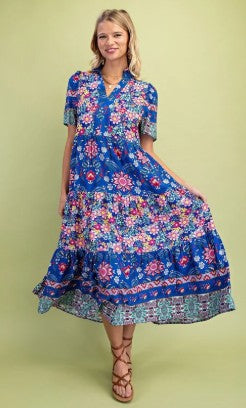 Blue Mixed Print Tiered Midi Dress with Ruffle Neck