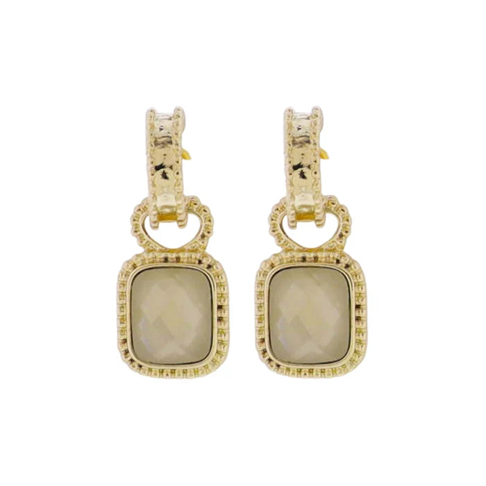 Gold Textured Huggie Earring with Ivory Crystal Square