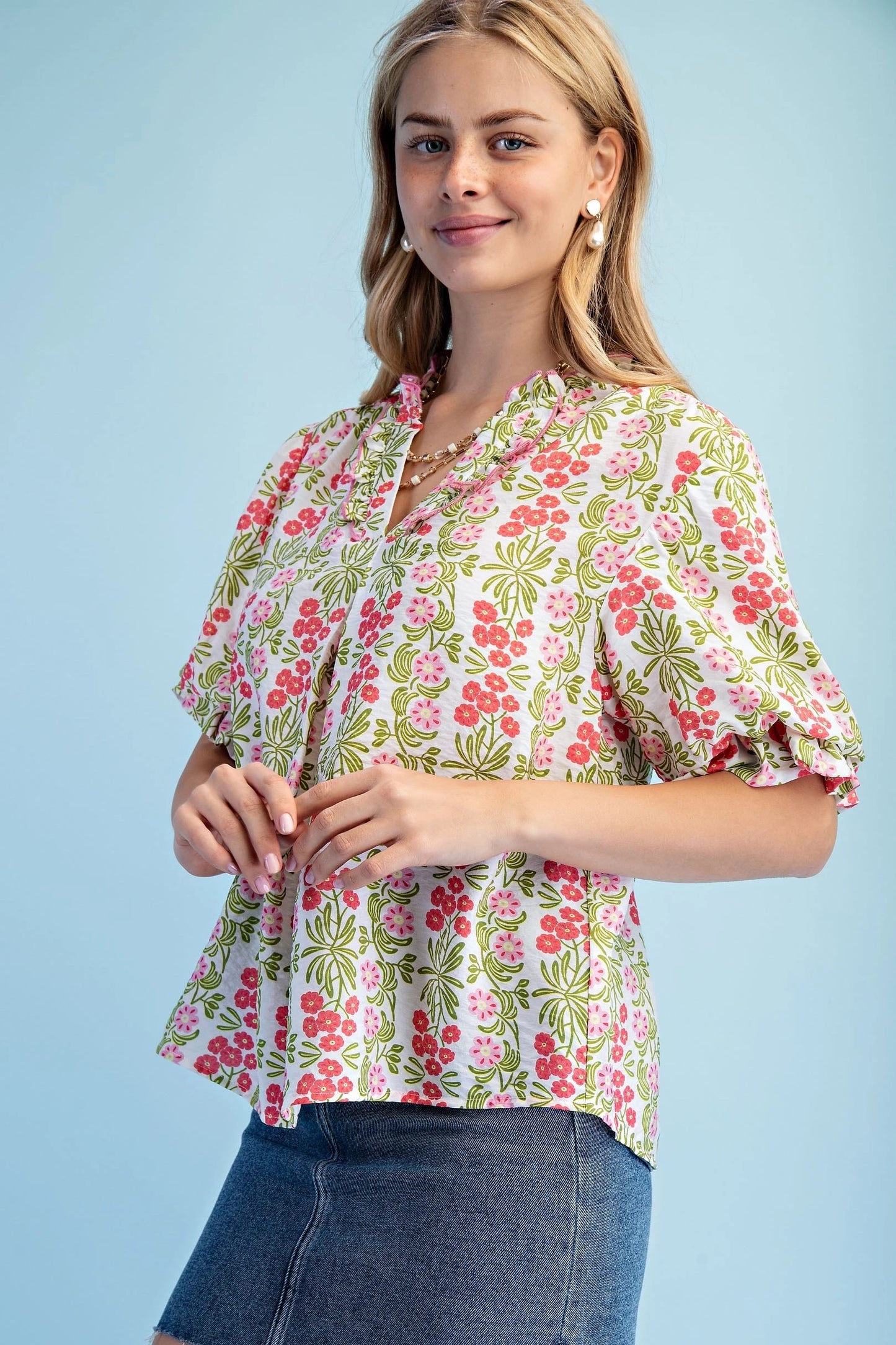 Bright Floral V-Neck Blouse with Balloon Sleeves
