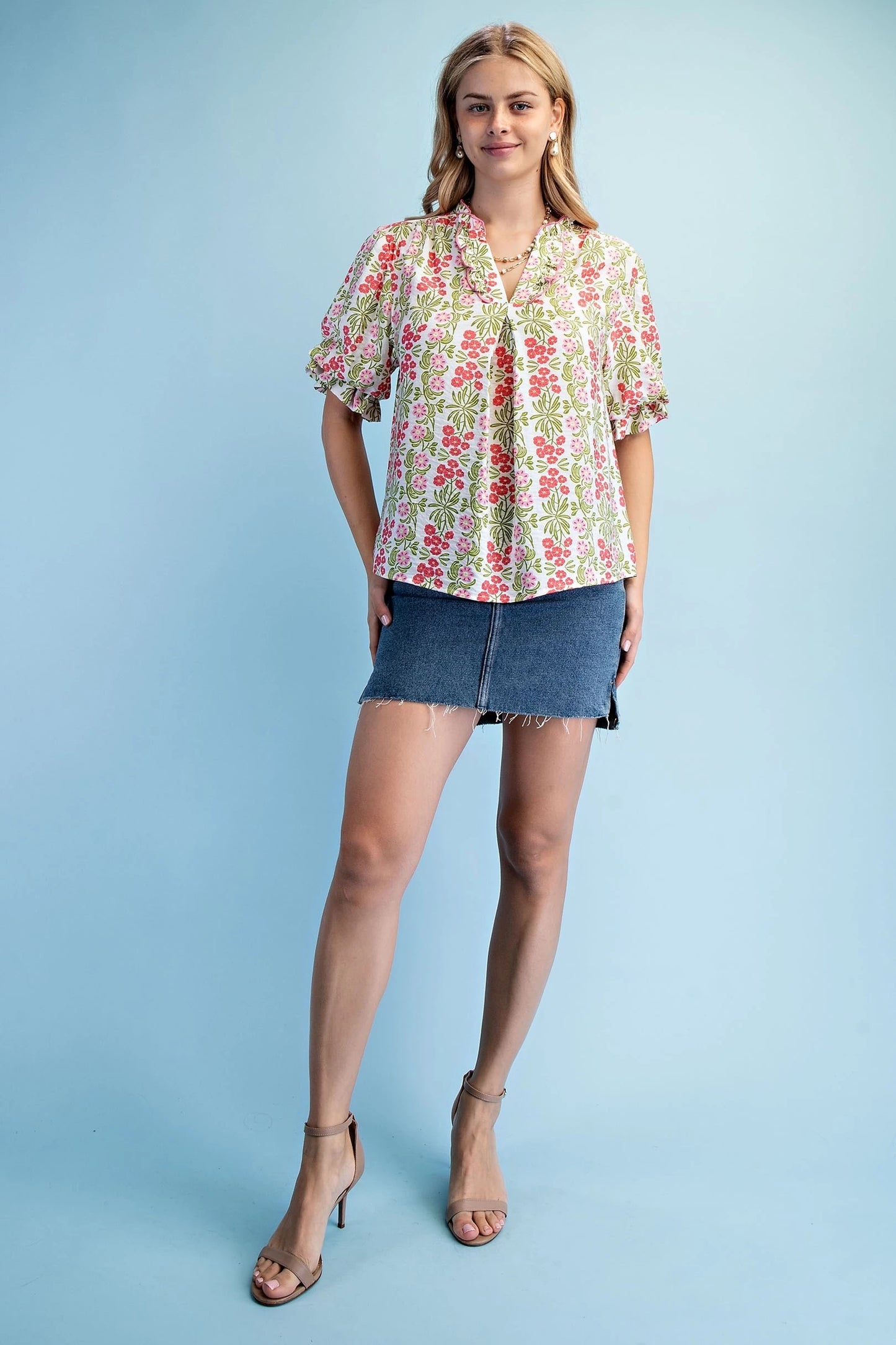 Bright Floral V-Neck Blouse with Balloon Sleeves