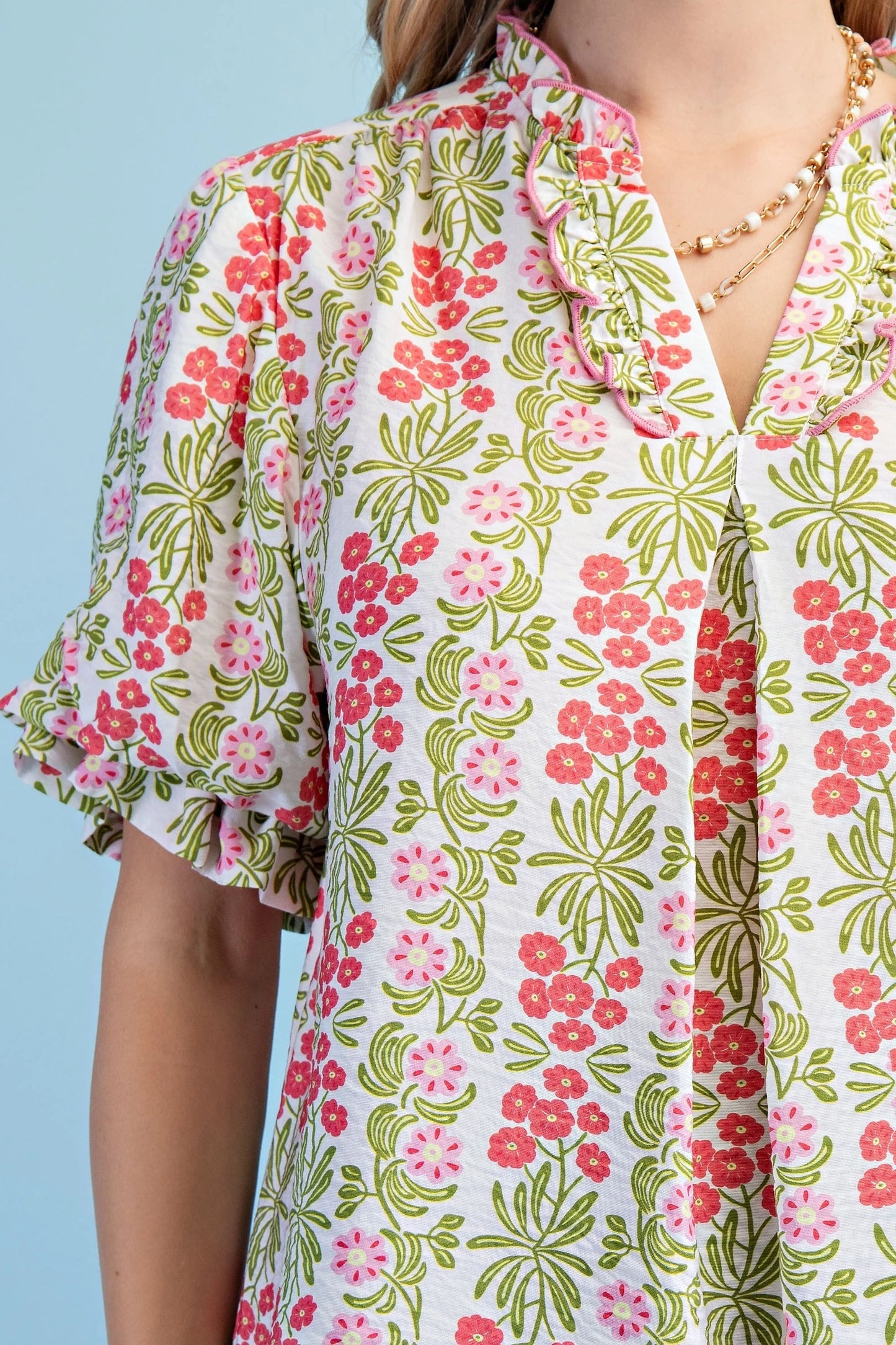 Bright Floral V-Neck Blouse with Balloon Sleeves