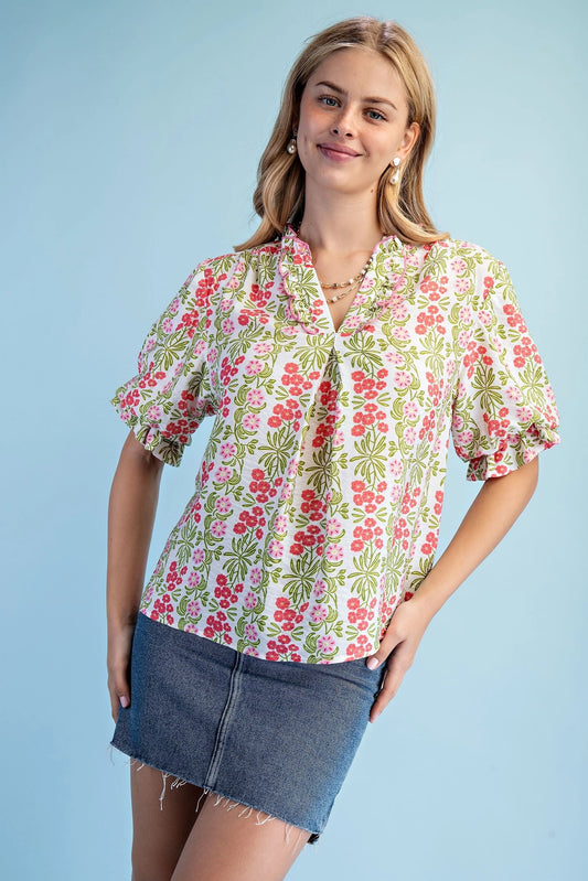 Bright Floral V-Neck Blouse with Balloon Sleeves