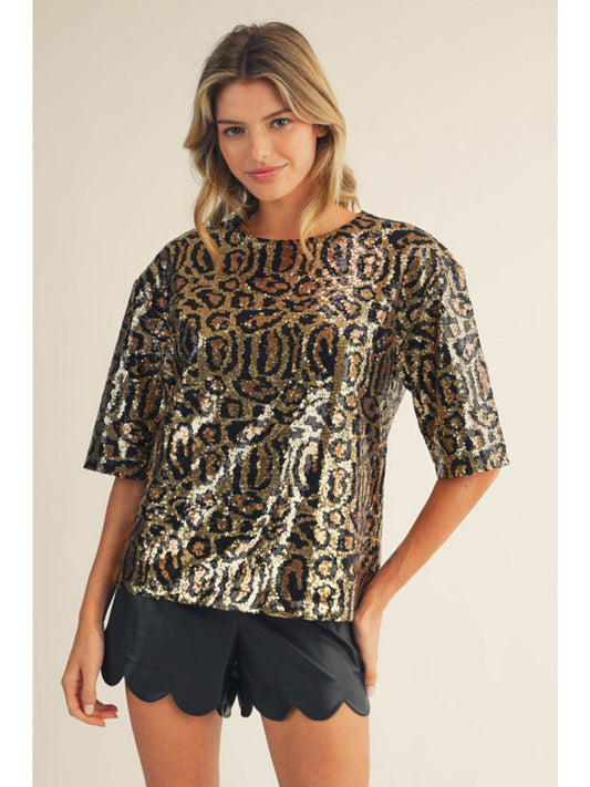 Black/Gold Sequins Animal Print Top