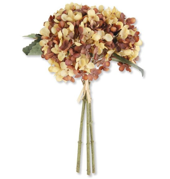 13" Yellow & Brown 2-color Faux Dried Hydrangea Bundle (3 Stems)