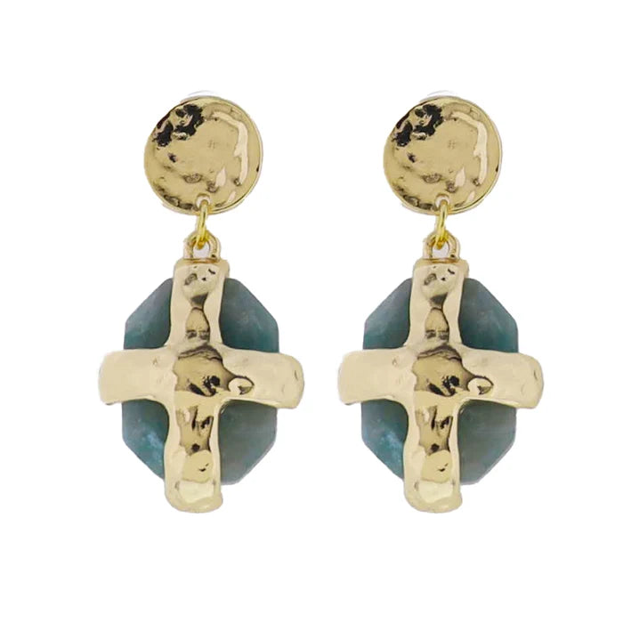 Gold Hammered Amazonite Stone Cross Earrings