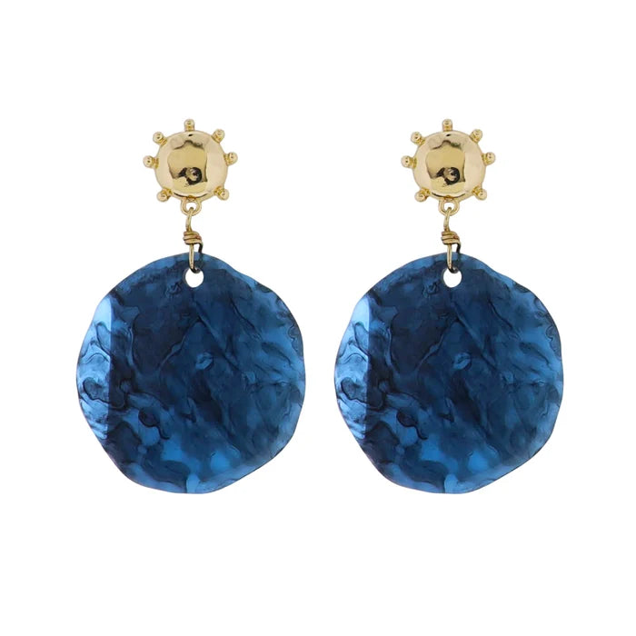 Gold with Blue Acrylic Circle Studded Earrings