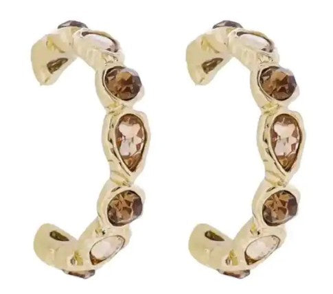 18K Gold Plated Gold Champagne Topaz Teardrop & Circle Crystal Hoop Earrings