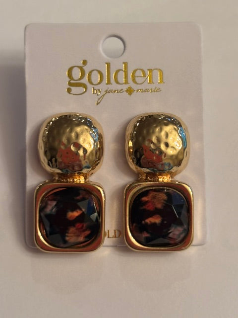18K Gold Plated Rounded Square Post with Leopard Print Square Stone