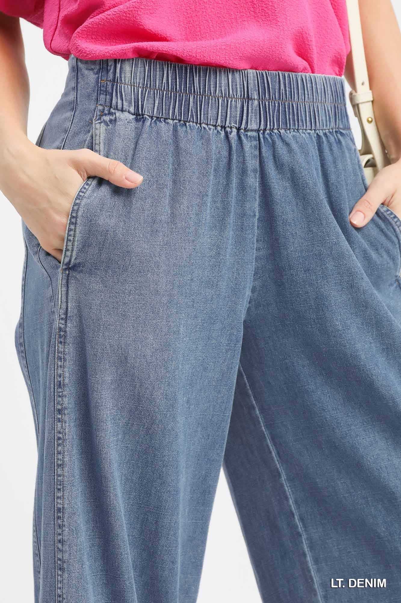 Stone Wash Denim Wide Leg Pants (S-L)
