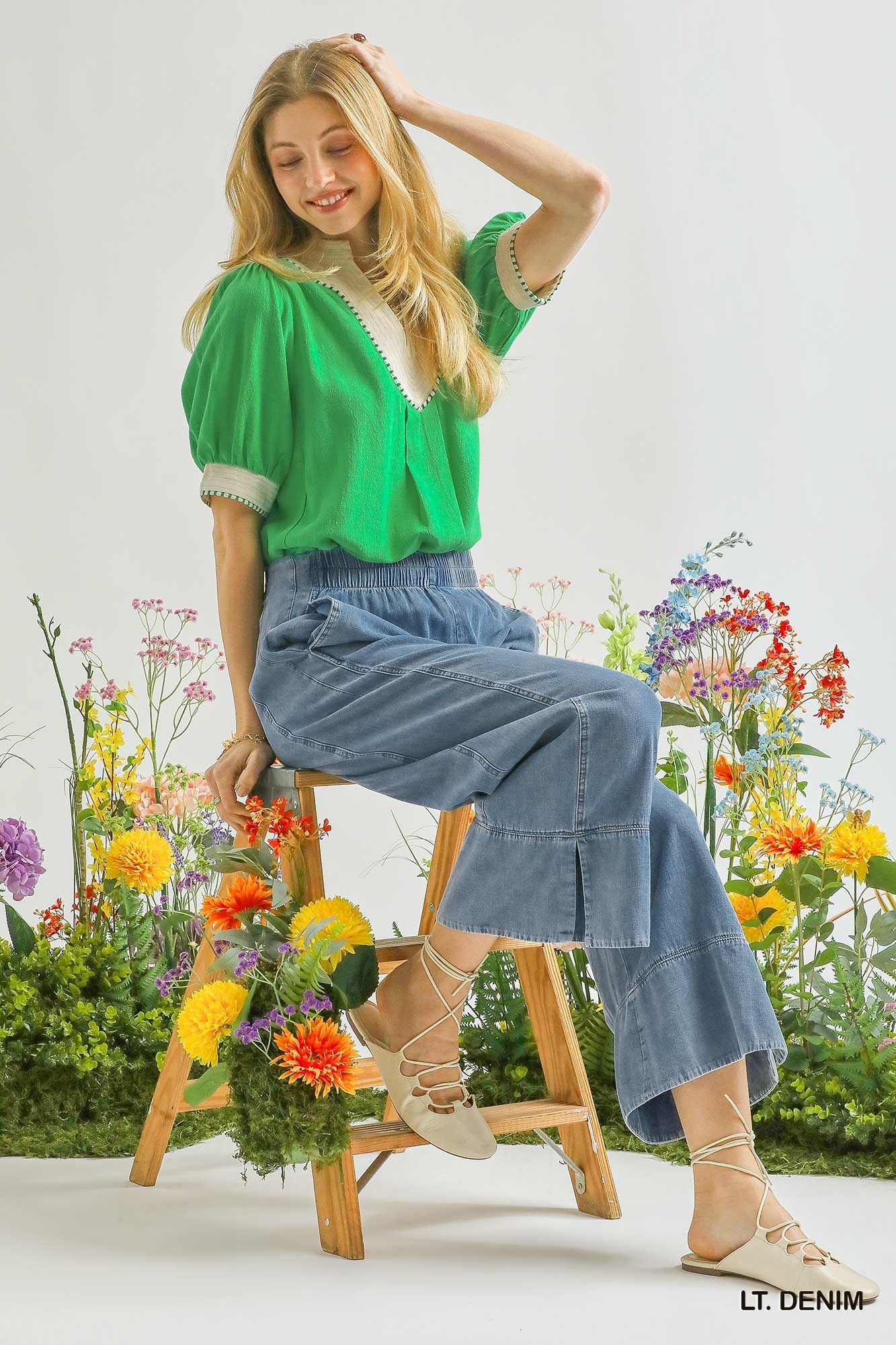 Stone Wash Denim Wide Leg Pants (S-L)