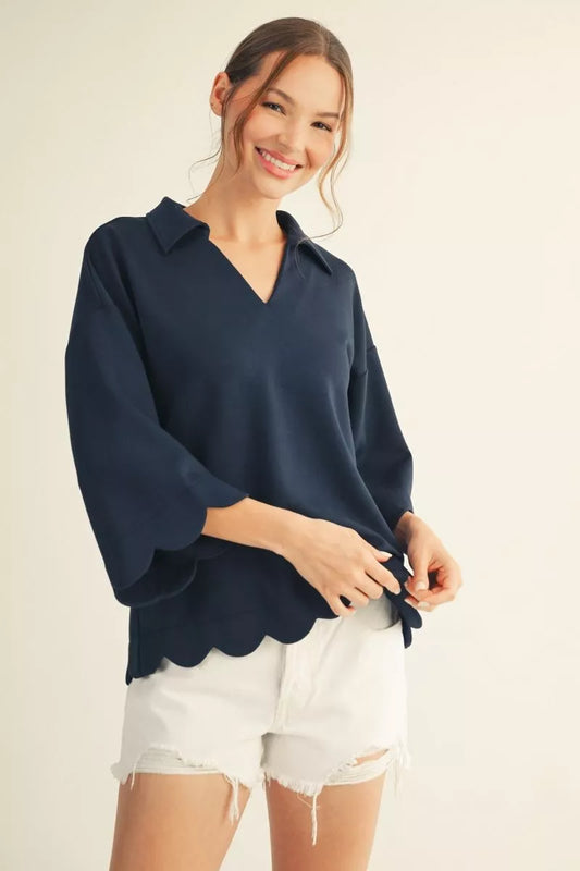 The Gwendolyn Fall Scallop Edge Top PLUS SIZE ( Red or Navy )