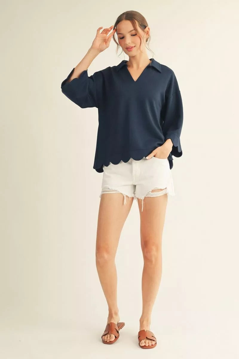 The Gwendolyn Fall Scallop Edge Top PLUS SIZE ( Red or Navy )