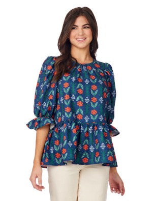 Navy Floral Pierce Flounce Top