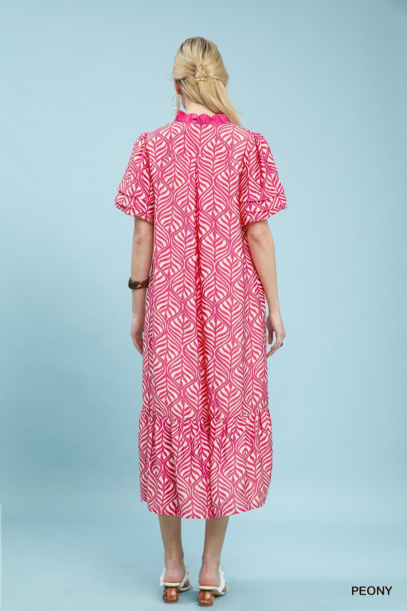 Leaf Print Ruffle Neck Maxi Dress (S-L)