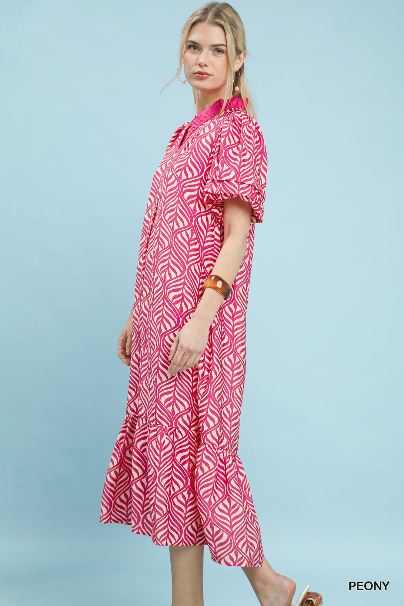 Leaf Print Ruffle Neck Maxi Dress (S-L)