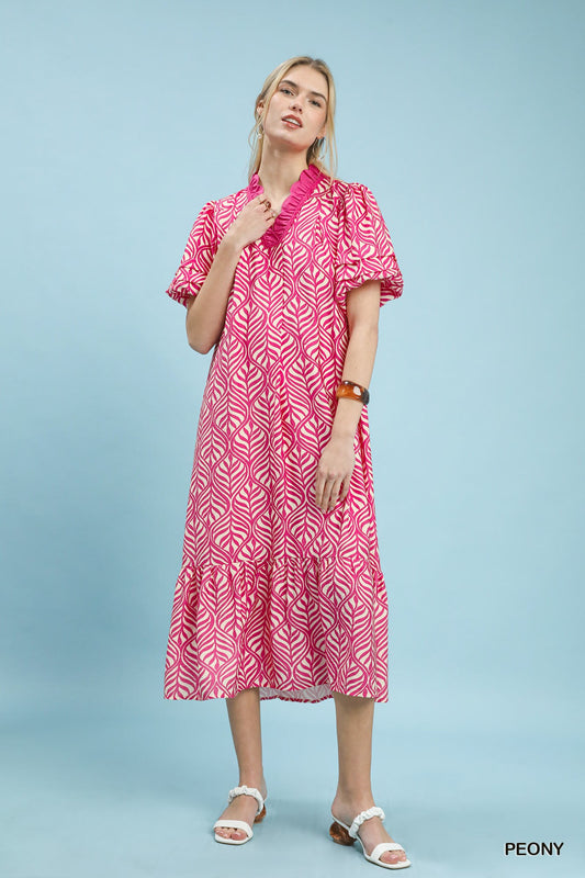 Leaf Print Ruffle Neck Maxi Dress (S-L)