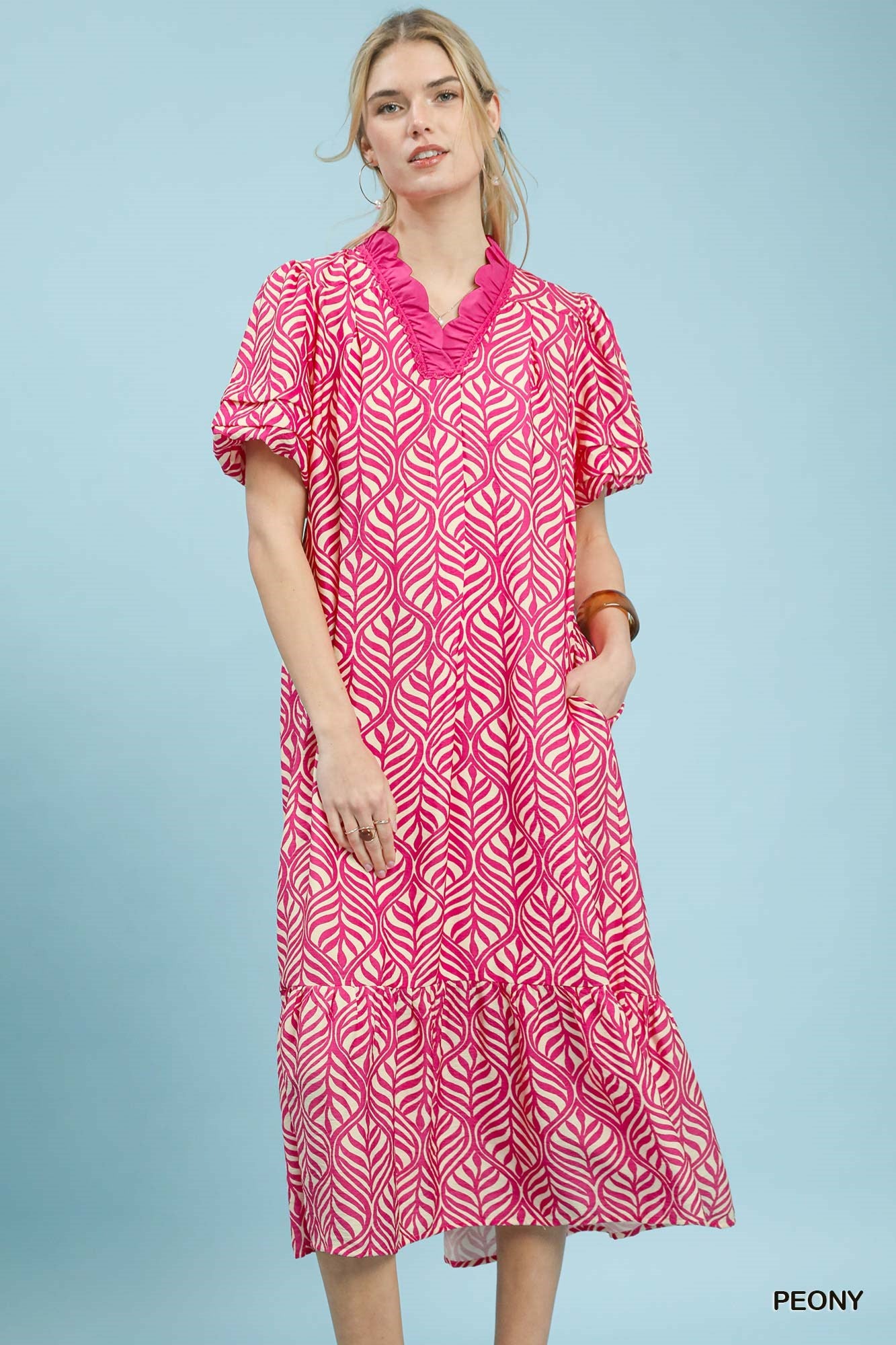 Leaf Print Ruffle Neck Maxi Dress (S-L)