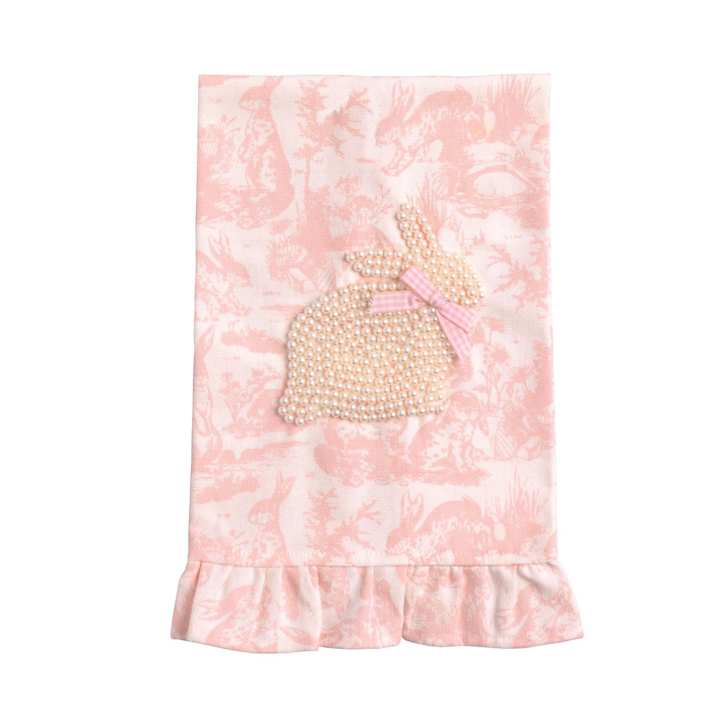 Pink / Blue Toile Tea Towel with Pearl Bunny Applique