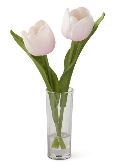 8.5 Inch Real Touch Double Tulip Premade in Glass Vase w/Faux Water