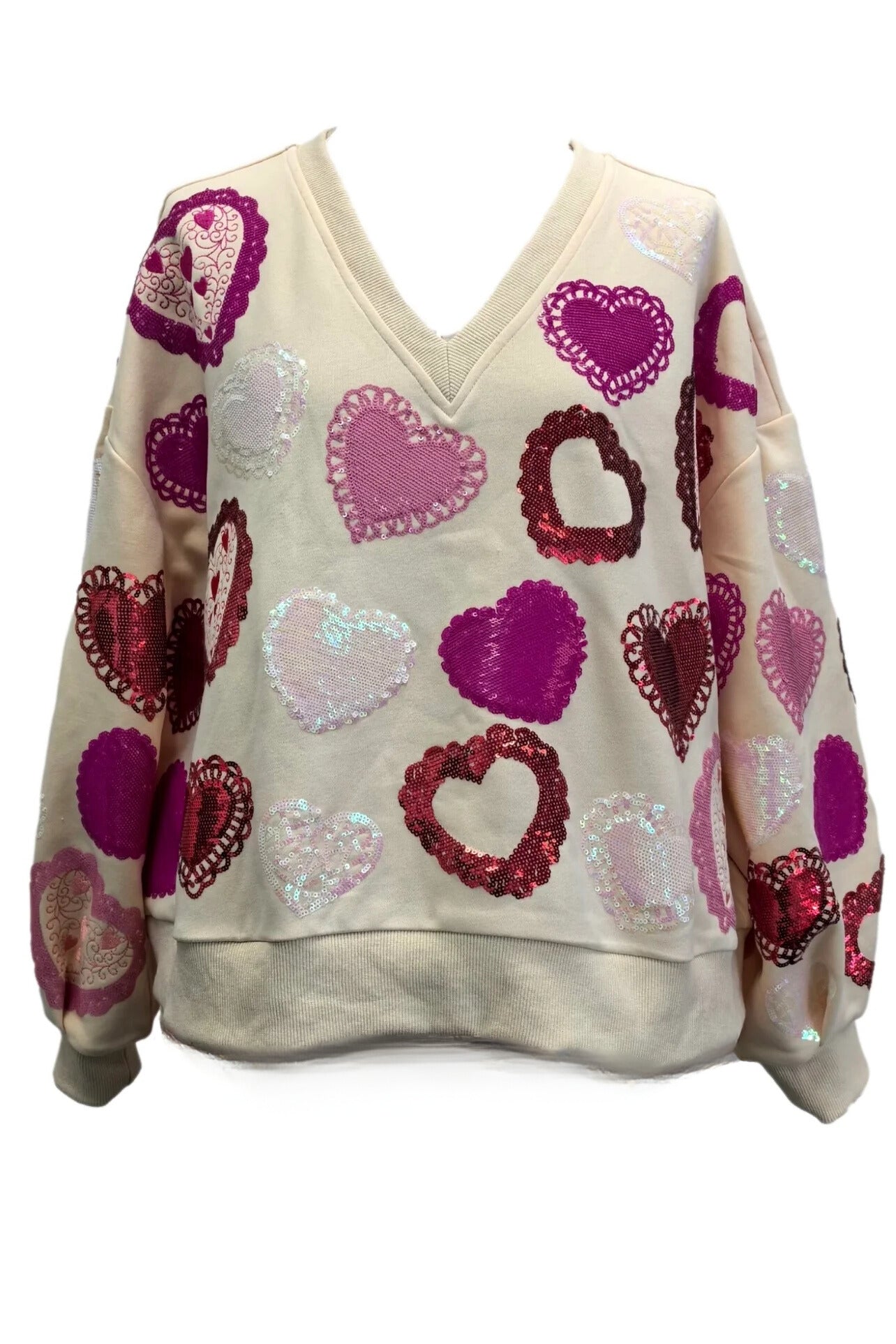 Beige Multi Doily Heart V Neck Sweatshirt