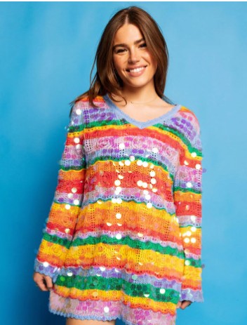 Queen of Sparkles Rainbow Stripe Paillette Long Sleeve Knit Dress