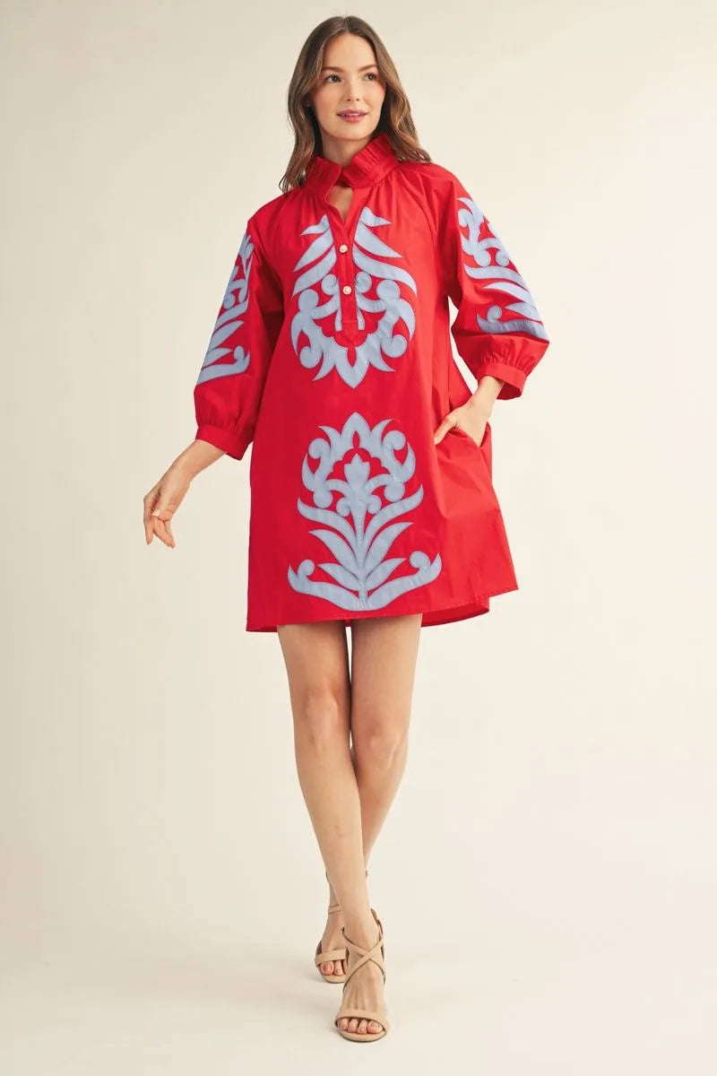 The Shelley Red / Powder Blue Applique Dress