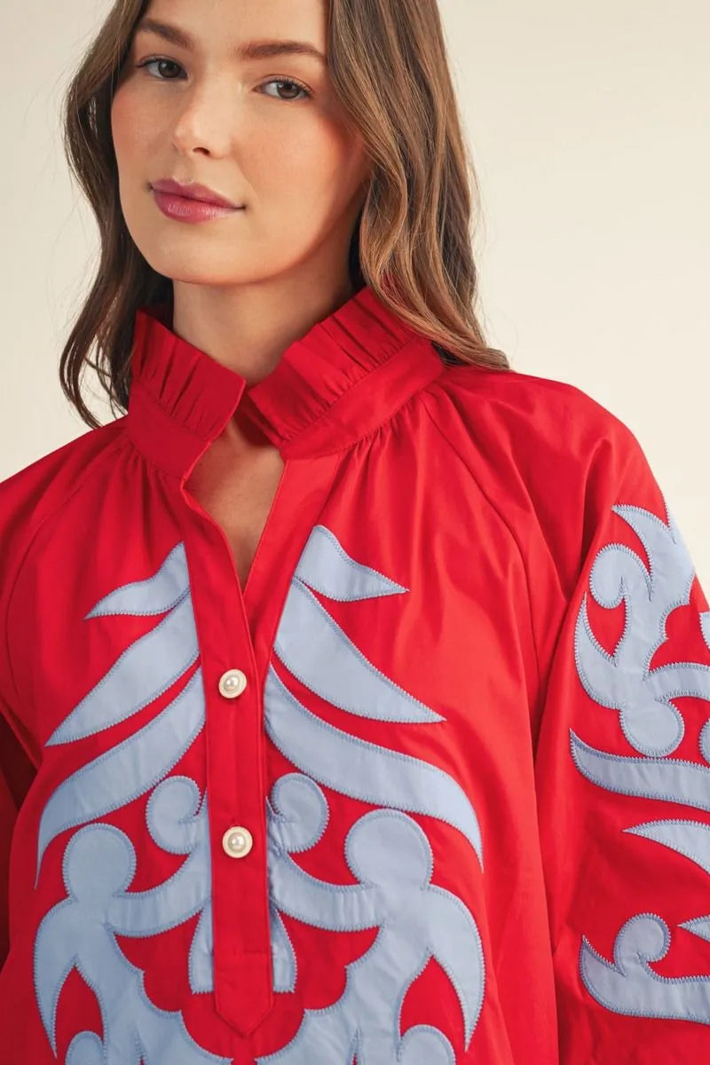The Shelley Red / Powder Blue Applique Dress