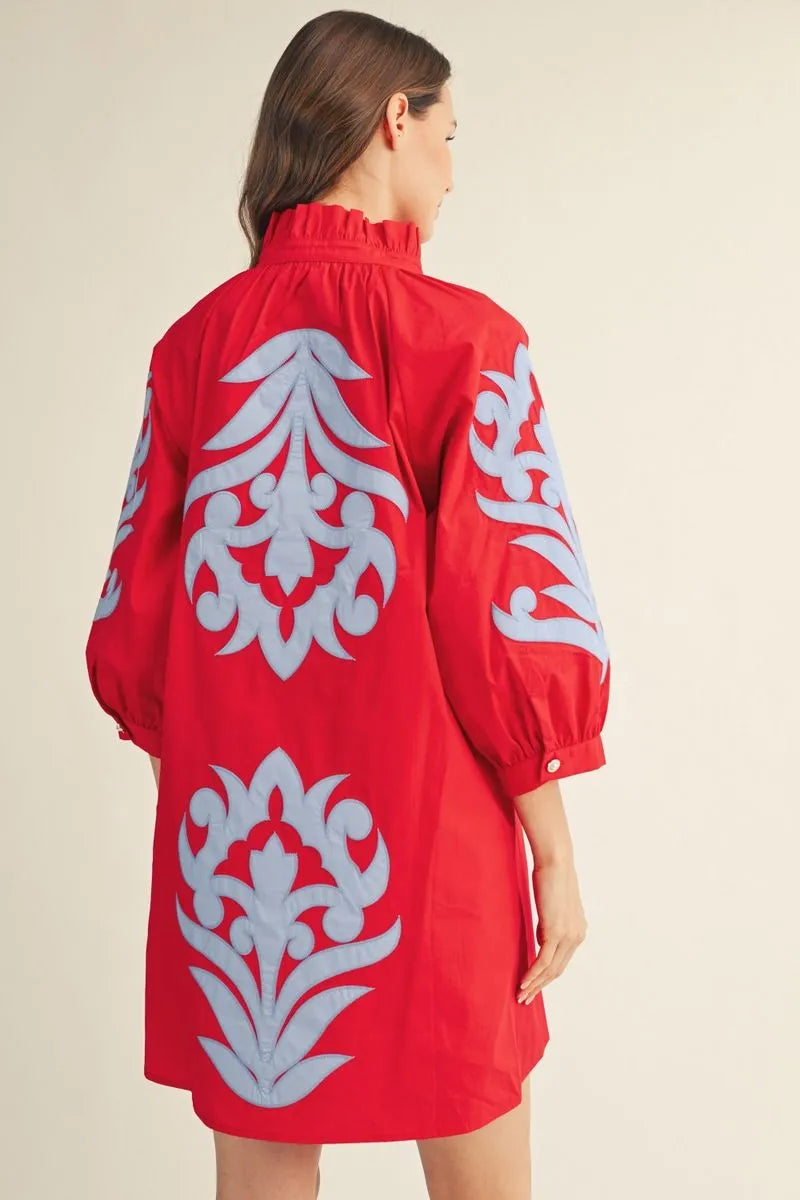 The Shelley Red / Powder Blue Applique Dress