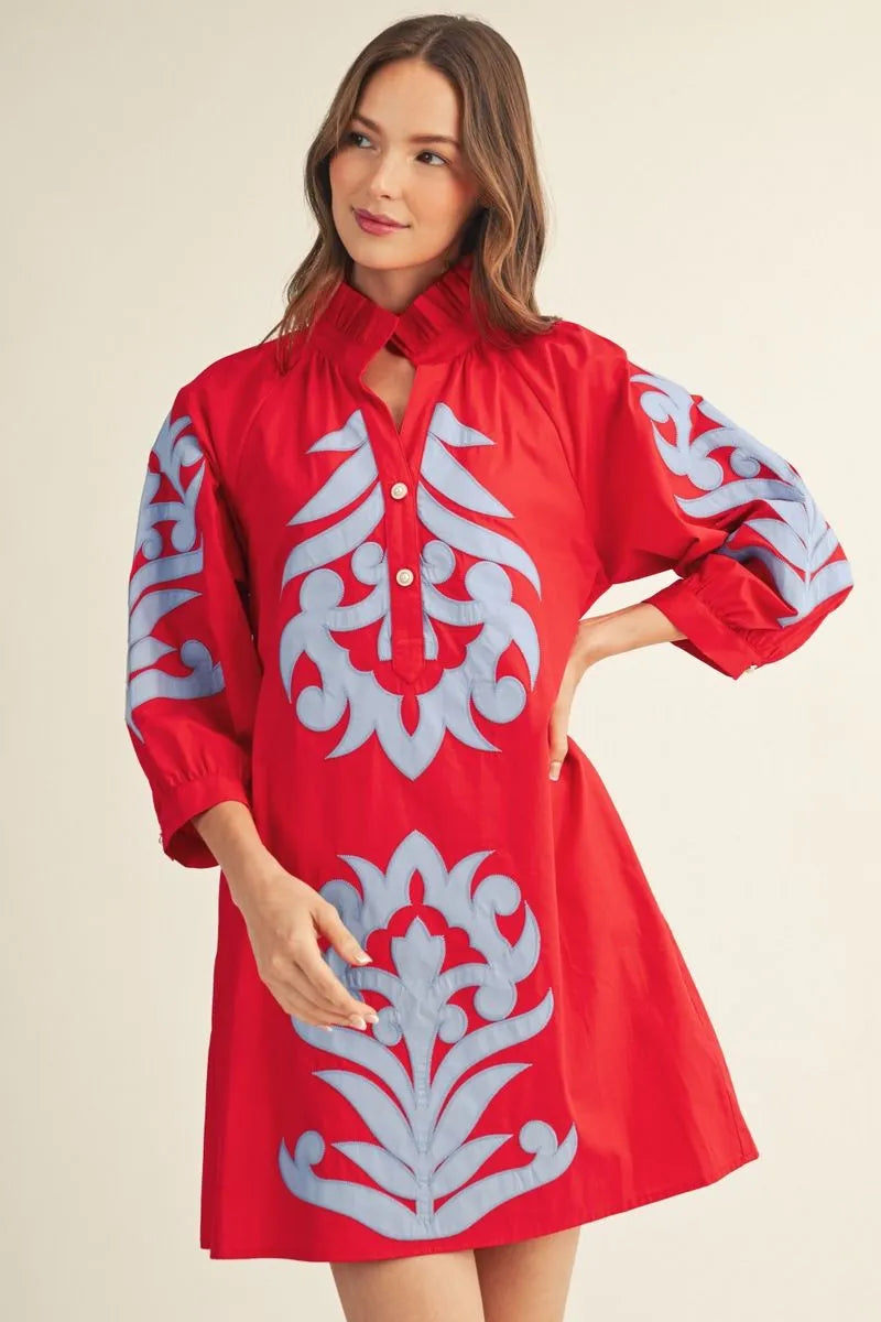 The Shelley Red / Powder Blue Applique Dress