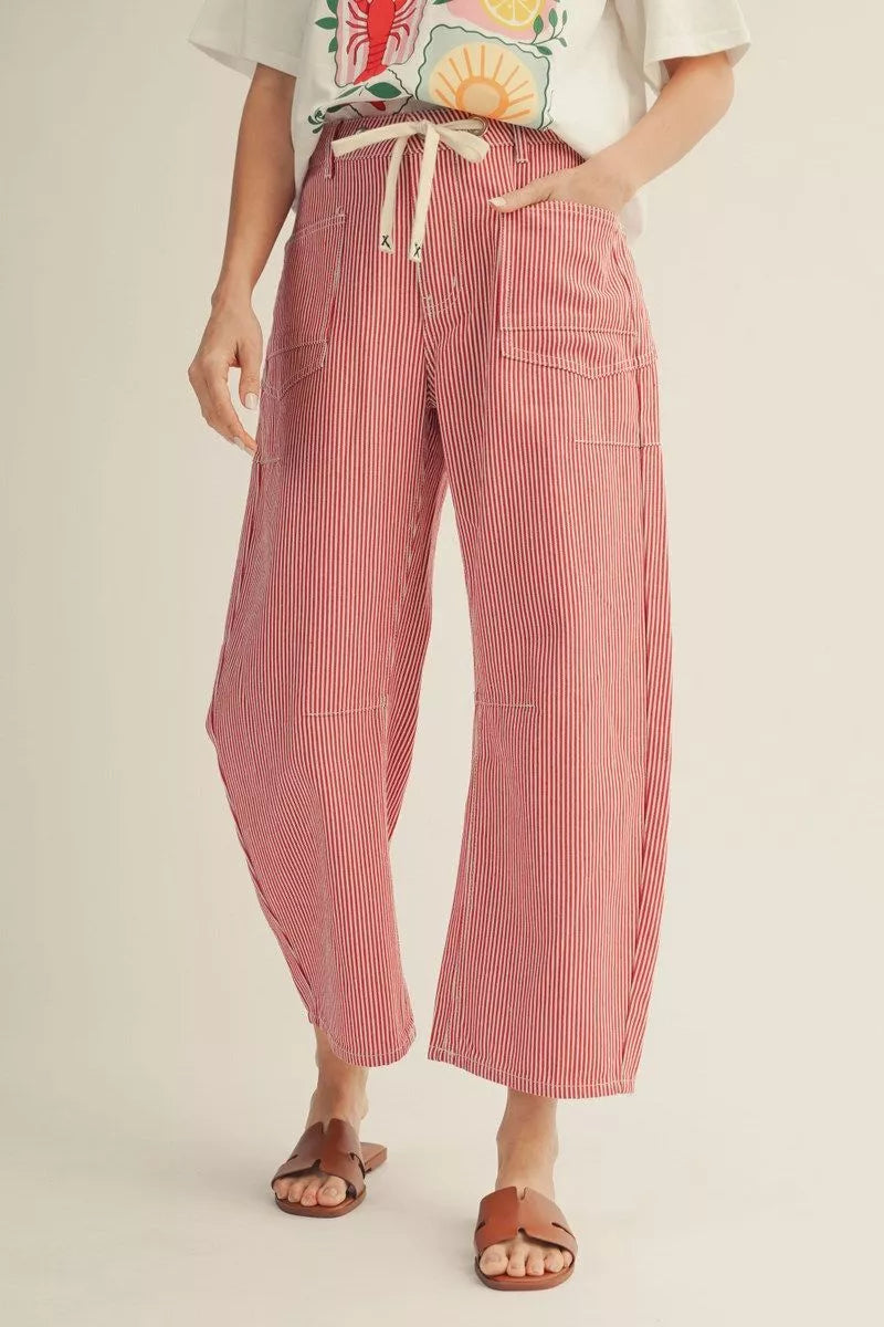 Starla Stripe Barrel Cropped Denim Pants (Red or Navy Regular & Plus Sizes)