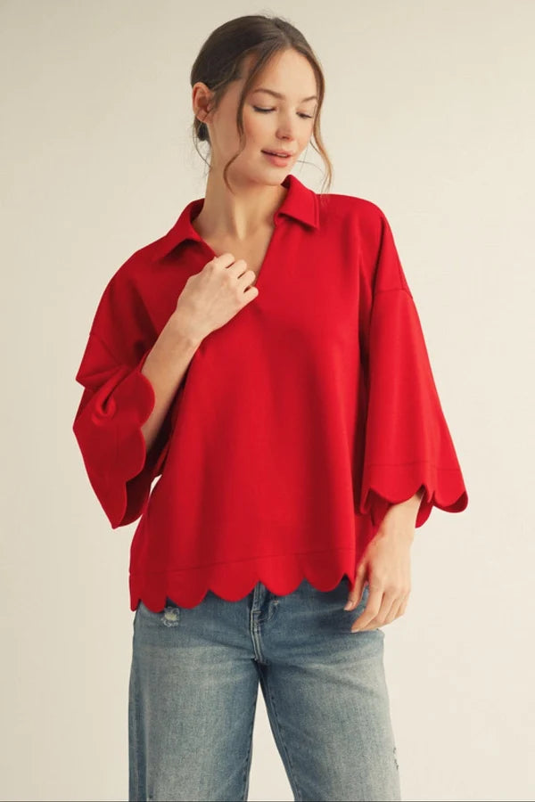 The Gwendolyn Fall Scallop Edge Top PLUS SIZE ( Red or Navy )