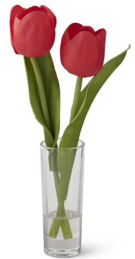 8.5 Inch Real Touch Double Tulip Premade in Glass Vase w/Faux Water