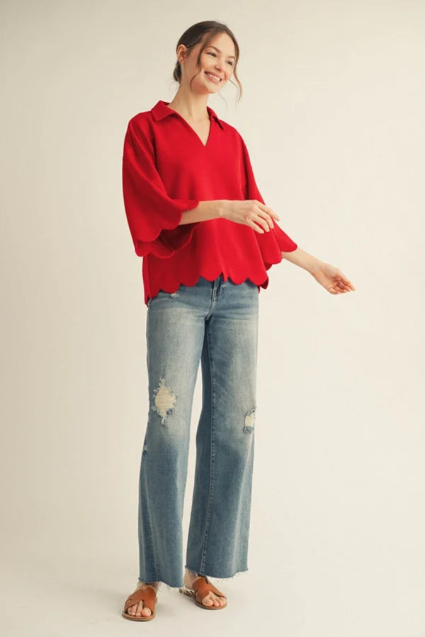 The Gwendolyn Fall Scallop Edge Top PLUS SIZE ( Red or Navy )