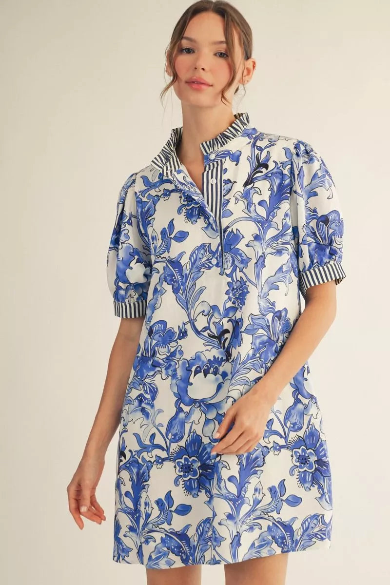 Blue/White Botanical Shirt Dress with Stripe Contrast (S-L)