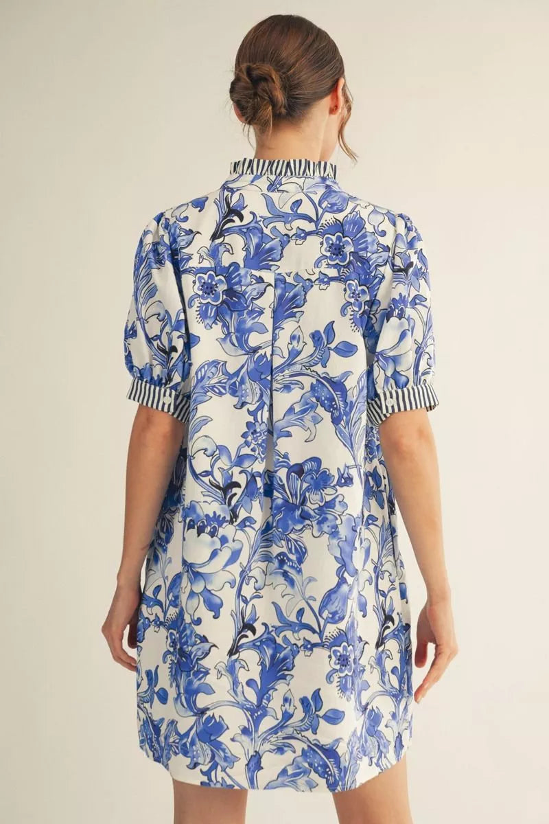 Blue/White Botanical Shirt Dress with Stripe Contrast (S-L)