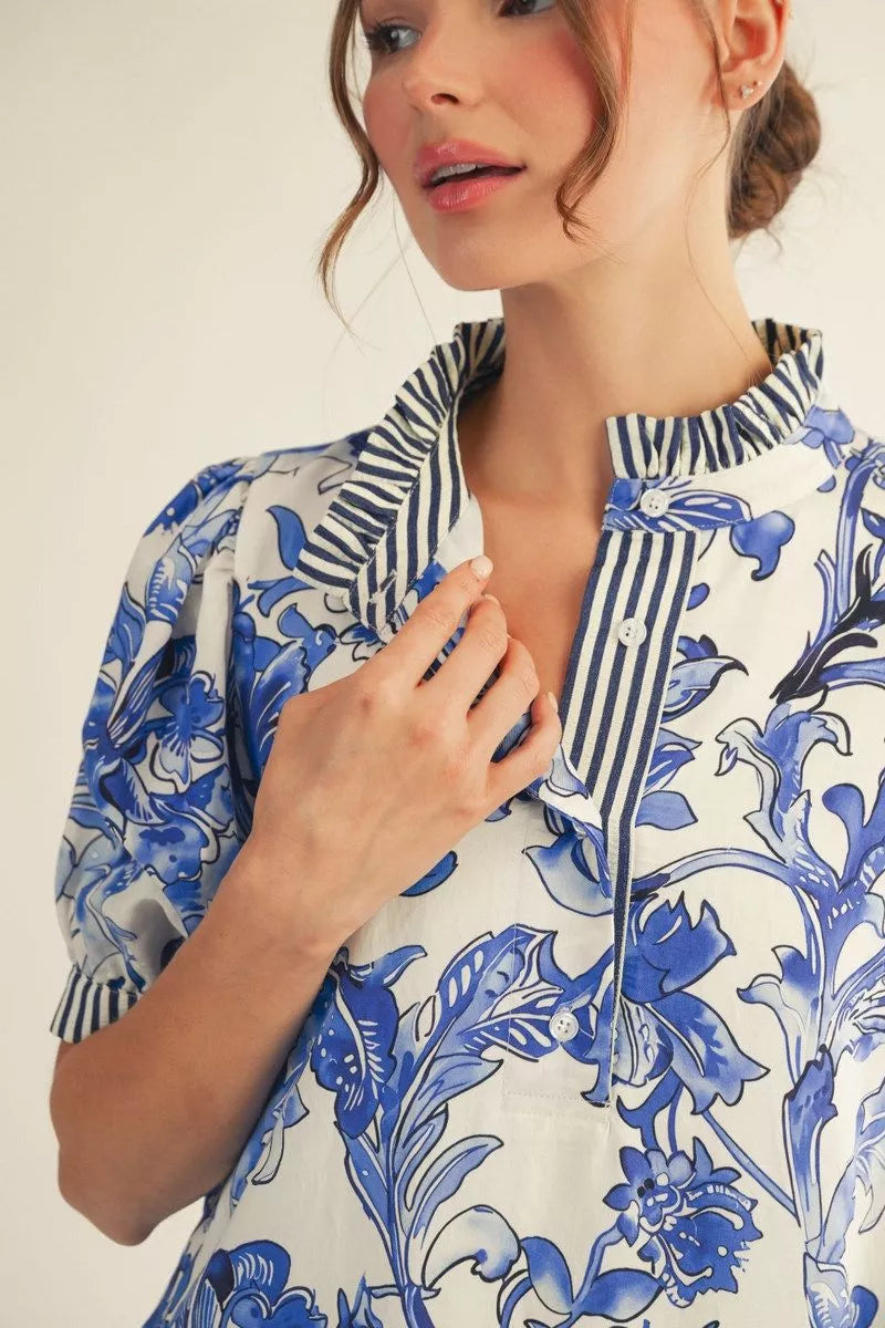 Blue/White Botanical Shirt Dress with Stripe Contrast (S-L)