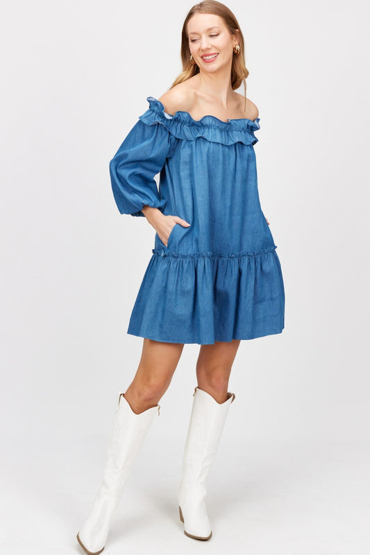 Chambray Ruffled Neck Puff Sleeve Dress