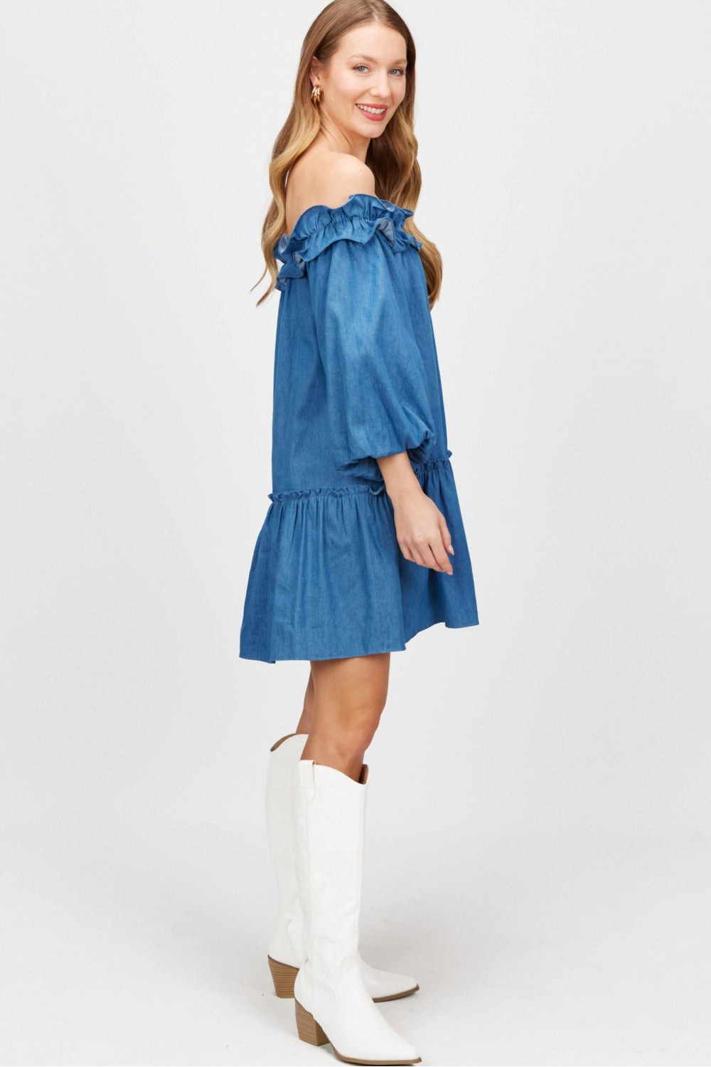 Chambray Ruffled Neck Puff Sleeve Dress