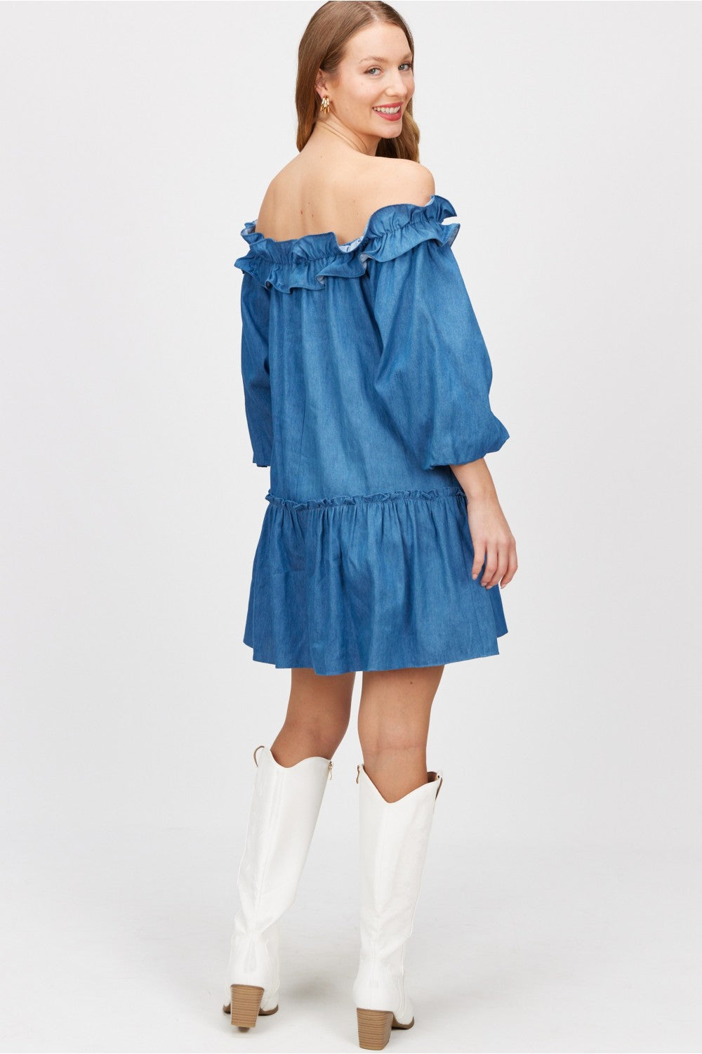 Chambray Ruffled Neck Puff Sleeve Dress