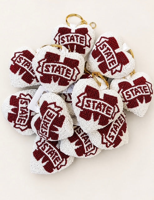 MISSISSIPPI STATE Puff Heart Beaded Keychain