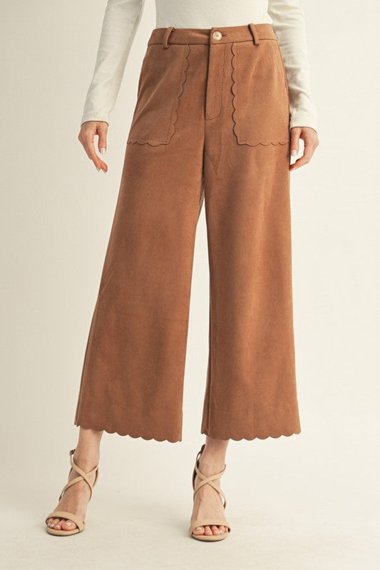 Scallop Edge Accent Suede Pants - Camel