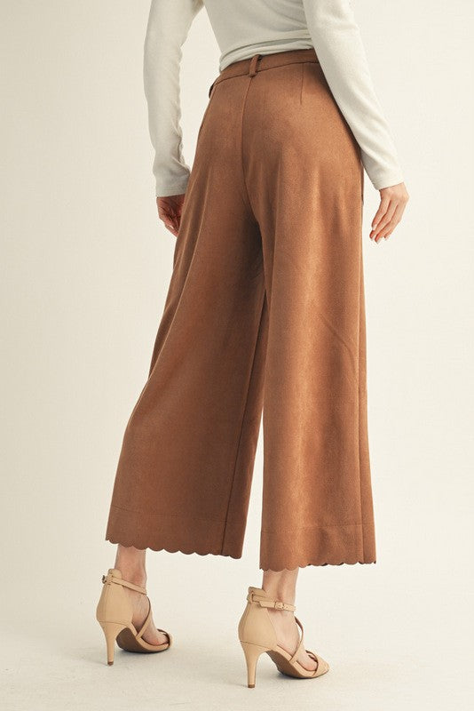 Scallop Edge Accent Suede Pants - Camel