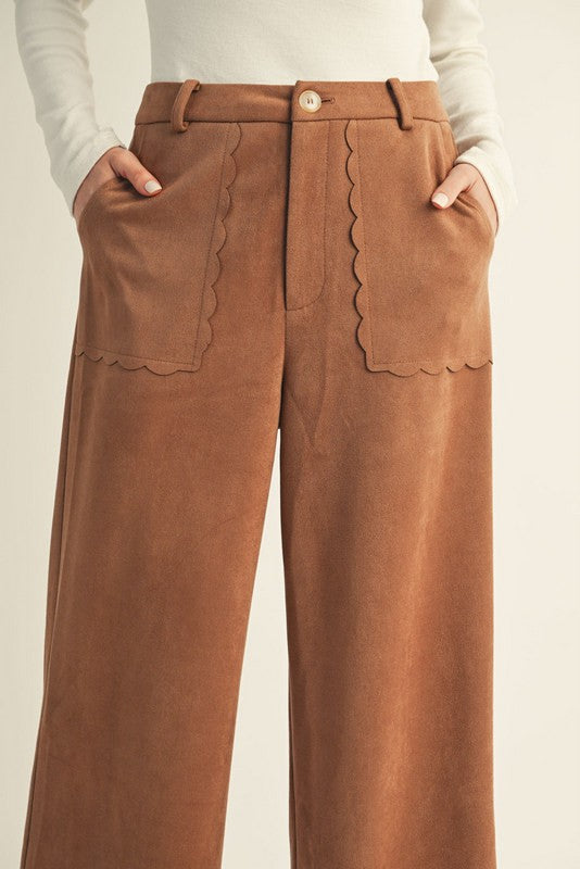 Scallop Edge Accent Suede Pants - Camel