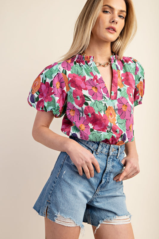 GiGiO Vibrant Floral Print Split Neckline Blouse